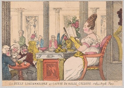 La Belle Liminaudiere på Cafe de Mille Colonne, Palais Royal, Paris, pub. 1814 (håndfarget gravering) av Thomas Rowlandson