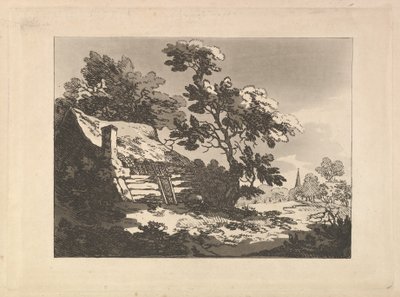 Landskap med en hytte blant trærne til venstre og et kirketårn i det fjerne til høyre av Thomas Rowlandson
