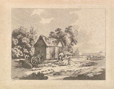 Landskap med figurer som lagrer høy i en låve, en vogn og hest som ligger nede til venstre, 1783-84. av Thomas Rowlandson