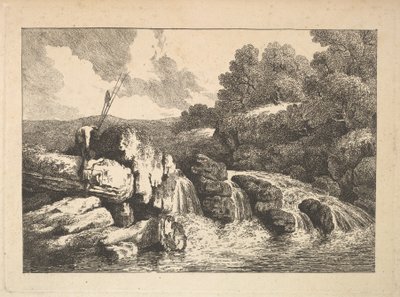 Landskap med to fiskere som klatrer på steiner ved siden av en foss, 1784-88. av Thomas Rowlandson