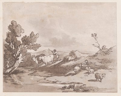 Landskap med en figur som gjeter storfe til vann, 21. mai 1789., 21. mai 1789. av Thomas Rowlandson