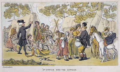 Le docteur et les sigøynere (ou Romanichels) - i "" Doctor Syntax sine tre turer: på jakt etter den pittoreske trøsten og en kone"" av William Combe, ill. Rowlandson av Thomas Rowlandson