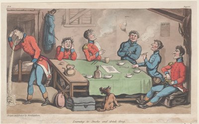 Lære å røyke og drikke Grog, fra The Military Adventures of Johnny Newcome, 1815., 1815. av Thomas Rowlandson