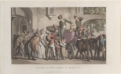 Frihet til å svekke tiggere når de forlater Yrvi, fra Journal of Sentimental Travels in the ..., 1821. av Thomas Rowlandson