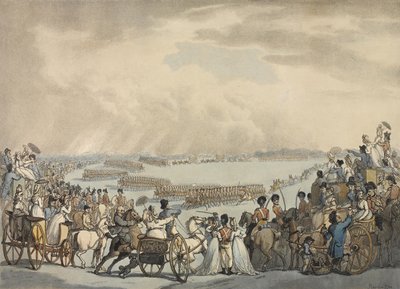 Light Horse Volunteers of London and Westminster, kommandert av oberst Herries, anmeldt av Hans Majestet på Wimbledon Common, 5. juli 1798 (farget akvatint) av Thomas Rowlandson