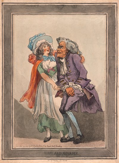 Lyst og grådighet, pub. 1788 (håndfarget gravering) av Thomas Rowlandson
