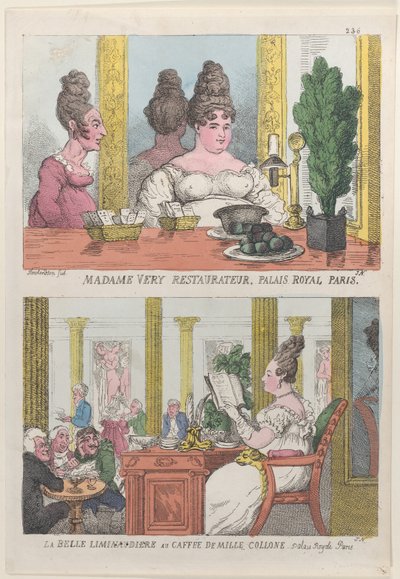 Madame Very Restauranteur, Palais Royal Paris og La Belle Liminaudiere på Caffee De Mille..., 1814. av Thomas Rowlandson