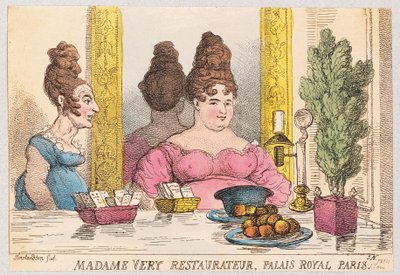 Madame Very, Restauratør, Palais Royal, Paris, pub. 1814 (håndfarget gravering) av Thomas Rowlandson