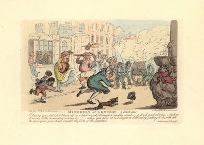 Mann som jager hatten sin nedover en gjørmete gate i sterk vind. av Thomas Rowlandson