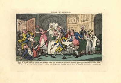 Mann faller av en ødelagt stol på et middagsselskap. av Thomas Rowlandson