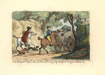 Mann på hesteryggen bak en saktegående vogn på en smal kjørebane. av Thomas Rowlandson