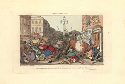 Mann festet til en dør med hornene til en rasende okse. av Thomas Rowlandson