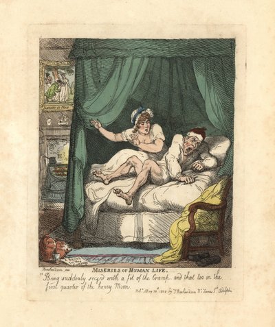 Mann grepet av leggkrampe i bryllupssengen. av Thomas Rowlandson