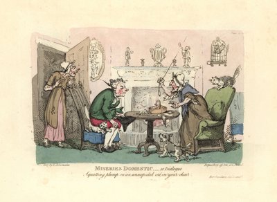 Mann som setter seg ned på en forskrekket katt i stolen. av Thomas Rowlandson