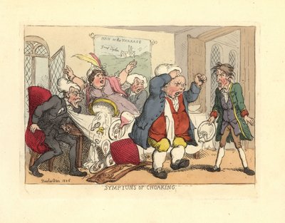 Mann som står opp mens han blir kvalt ved middagsbordet. av Thomas Rowlandson