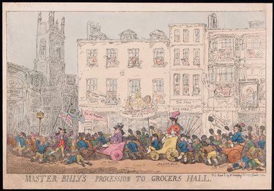Master Billys prosesjon til Grocers Hall, pub. 1784 (håndfarget gravering) av Thomas Rowlandson