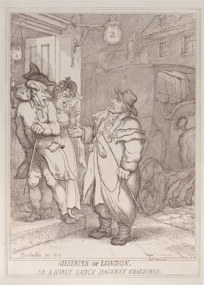 Londons elendigheter, eller en sur og frekk drosjesjåfør fra Hackney av Thomas Rowlandson