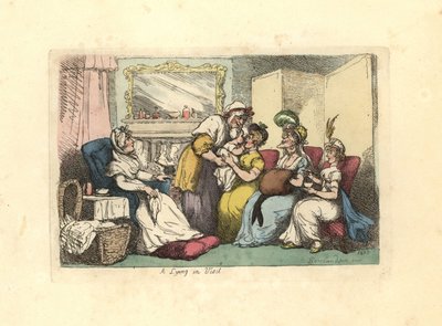 Mor med nyfødt baby besøkt av flere kvinner i en stue. av Thomas Rowlandson