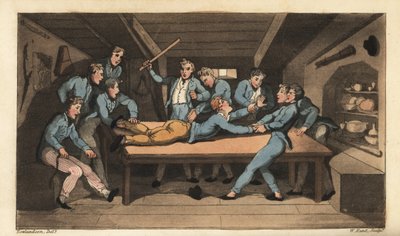 Sjøstraff for cobbing (tresking) for å ha ødelagt et måltid. Johnny blir slått med en pinne over rotebordet for å tilsette salt til puddingen. Håndfarget kobberstikk av W. Lest etter en illustrasjon av Thomas Rowlandson fra Alfred Burtons The av Thomas Rowlandson