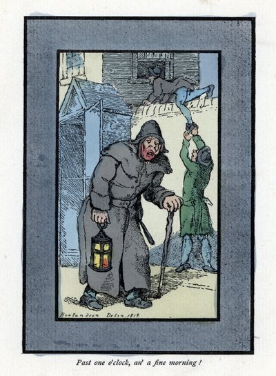Nattevakt med lykten og stokken, uoppmerksom på to innbruddstyver som kommer inn i et hus bak ham (1819). Tregravering, basert på et maleri av Thomas Rowlandson (1756-1827), publisert i The Cris of London: med seks sjarmerende barn og nesten 40 illus. av Thomas Rowlandson