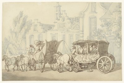 Åpen turbil og vogn i en kvasi-nederlandsk gate av Thomas Rowlandson