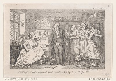 Partridge grusomt anklaget og mishandlet av sin kone, fra The History of Tom Jones, a Fo..., 1792. av Thomas Rowlandson