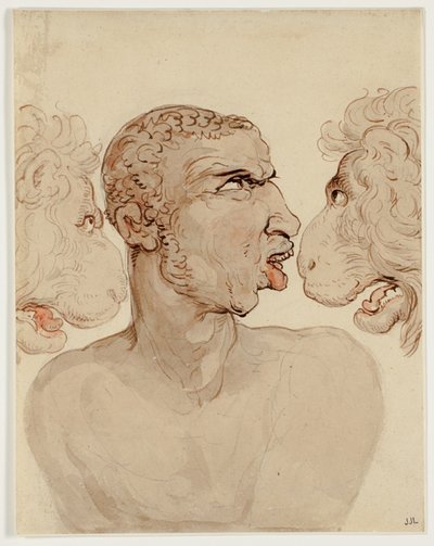 Fysiognomisk studie av hodet til en mann og to løver av Thomas Rowlandson