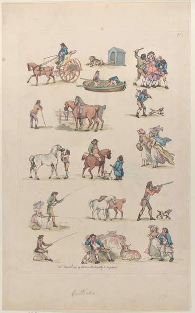 Plate 1, omriss av figurer, landskap og storfe...til bruk for elever, Ma..., 8. mars 1790. av Thomas Rowlandson