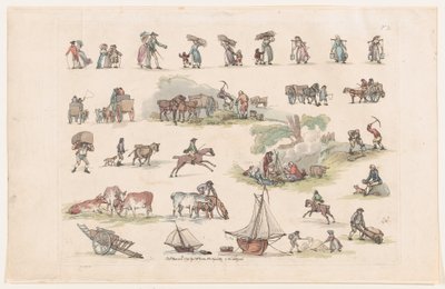 Plate 2, omriss av figurer, landskap og storfe...til bruk for elever, Ma..., 8. mars 1790. av Thomas Rowlandson