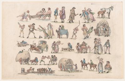 Plate 4, omriss av figurer, landskap og storfe...til bruk for elever, Ma..., 8. mars 1790. av Thomas Rowlandson