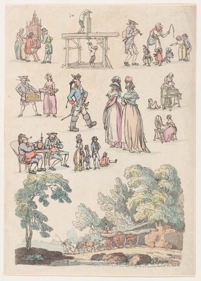 Plate 5, omriss av figurer, landskap og storfe...til bruk for elever, Ju..., 18. juni 1790. av Thomas Rowlandson