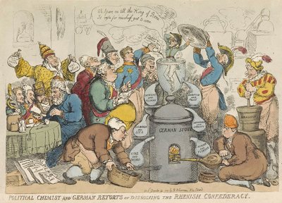 Politisk kjemiker og tysk replikker eller oppløser det rhenske konføderasjonen, pub. 1813 (håndfarget gravering) av Thomas Rowlandson
