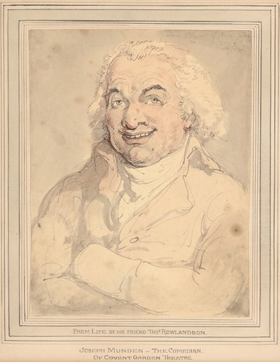 Portrett av Joseph Munden, bystelengde, i en brunfarget frakk av Thomas Rowlandson
