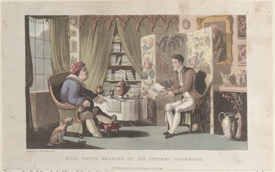 Quae Genus Reading til Sir Jeffery Gourmand, fra The History of Johnny Quae Genu..., 1. mars 1822. av Thomas Rowlandson
