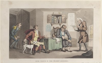 Quae Genus & The Money Lenders, fra The History of Johnny Quae Genus, The L..., 1. september 1821. av Thomas Rowlandson