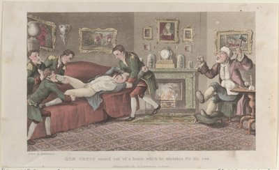 Quae Genus slått ut av et hus som han tar feil av for sitt eget, fra The Hist..., 1. februar 1822. av Thomas Rowlandson