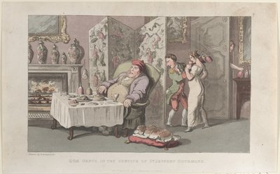 Quae Genus, i tjeneste for sr. Jeffery Gourmand, fra The History of Johnny ..., 1. august 1821. av Thomas Rowlandson