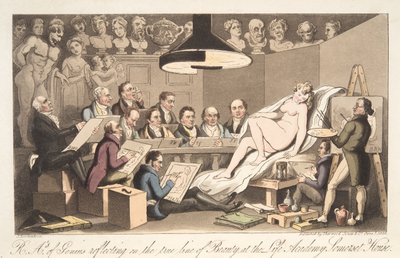 R---A---ys of Genius som reflekterer over den sanne skjønnhetslinjen ved Life Academy, Somerset House, fra The English Spy, pub. 1824 (håndfarget gravering) av Thomas Rowlandson