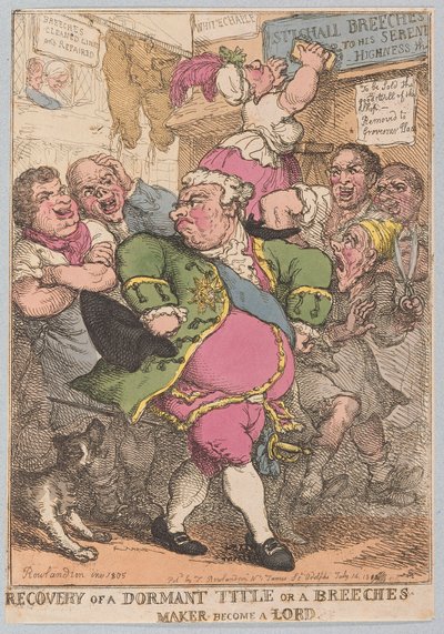 Gjenoppretting av en sovende tittel eller en ridebuksemaker blir en herre, pub. 1805 (håndfarget gravering) av Thomas Rowlandson