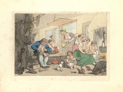 Regency skomaker reparerer sko i et overfylt rom. av Thomas Rowlandson