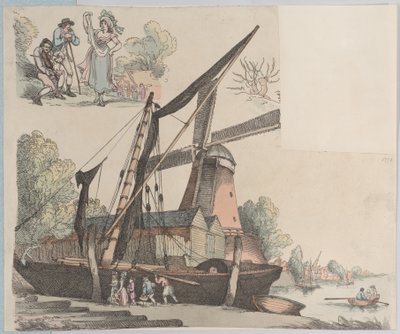 Elvescene med vindmølle fra plate 9, konturer av figurer, landskap og C..., 20. januar 1791. av Thomas Rowlandson