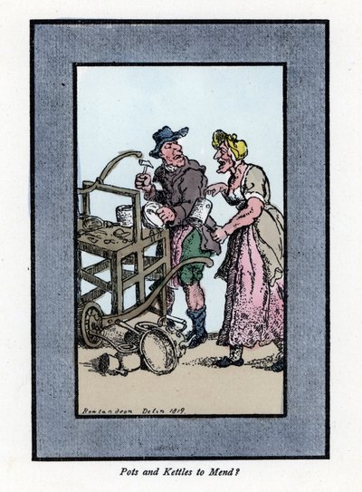 Roaming og klientretamer som viser bunnen av en pott. Han slår en metallgryte med en hammer på en bærbar benk. Tregravering, basert på et maleri av Thomas Rowlandson (1756-1827), publisert i The Cris of London: med seks sjarmerende barn og nesten 40 i av Thomas Rowlandson