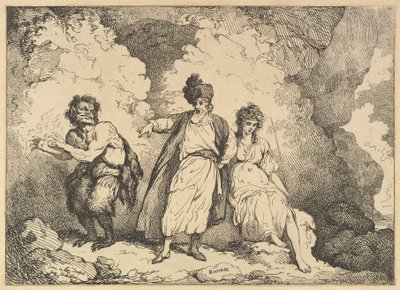 Scene fra stormen: Caliban, Prospero og Miranda, [1783-87] gjenutgitt 1801. av Thomas Rowlandson