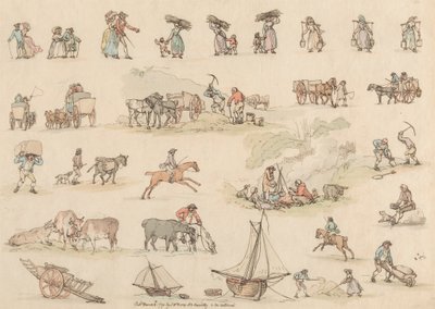 Sett med seksten: konturer av figurer og landskap av Thomas Rowlandson