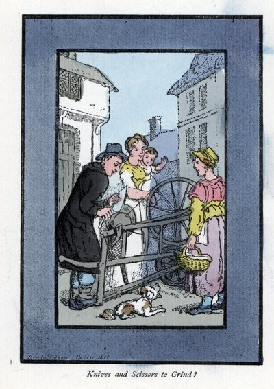 Skjerper som sliper en kniv på slipeskiven, med sine klienter (1819). Tregravering, basert på et maleri av Thomas Rowlandson (1756-1827), utgitt i The Cris of London: med seks sjarmerende barn og nesten 40 illustrasjoner, av Andrew Tuer, Fiel av Thomas Rowlandson