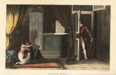 Shower Bath: kvinner som tar en kald dusj på et bad og skjuler sin beskjedenhet for en mannlig inntrenger av Thomas Rowlandson