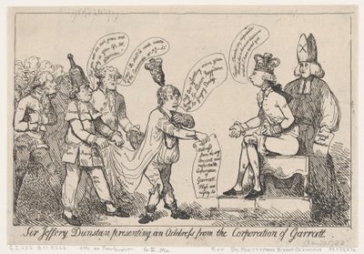 Sir Jeffery Dunstan presenterer en adresse fra Corporation of Garratt, De..., 30. desember 1788. av Thomas Rowlandson