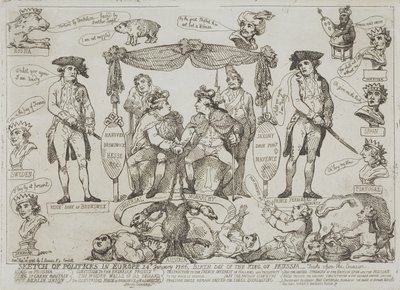 Politisk oversikt over Europa, 24. januar 1786 – Fødselsdagen til kongen av Preussen av Thomas Rowlandson