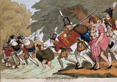 Soldater på marsj, gravering av G.M.Woodward, utgitt 1811 (farget etsning) av Thomas Rowlandson
