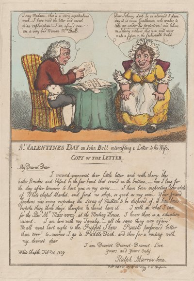 St. Valentinsdag eller John Bull som avskjærer et brev til sin kone, februar ..., 23. februar 1809. av Thomas Rowlandson